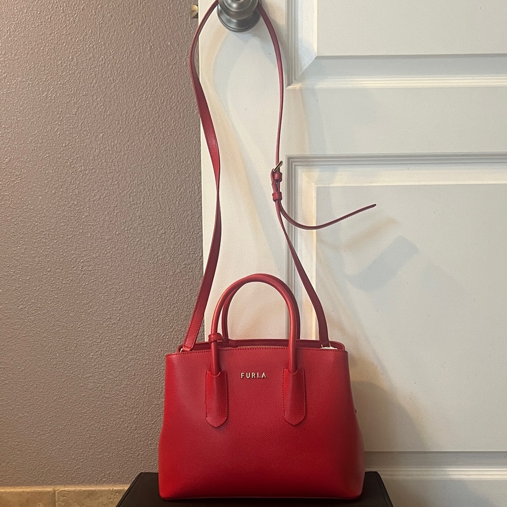 Furla Bright Red Leather Mini Satchel with Crossbody Strap